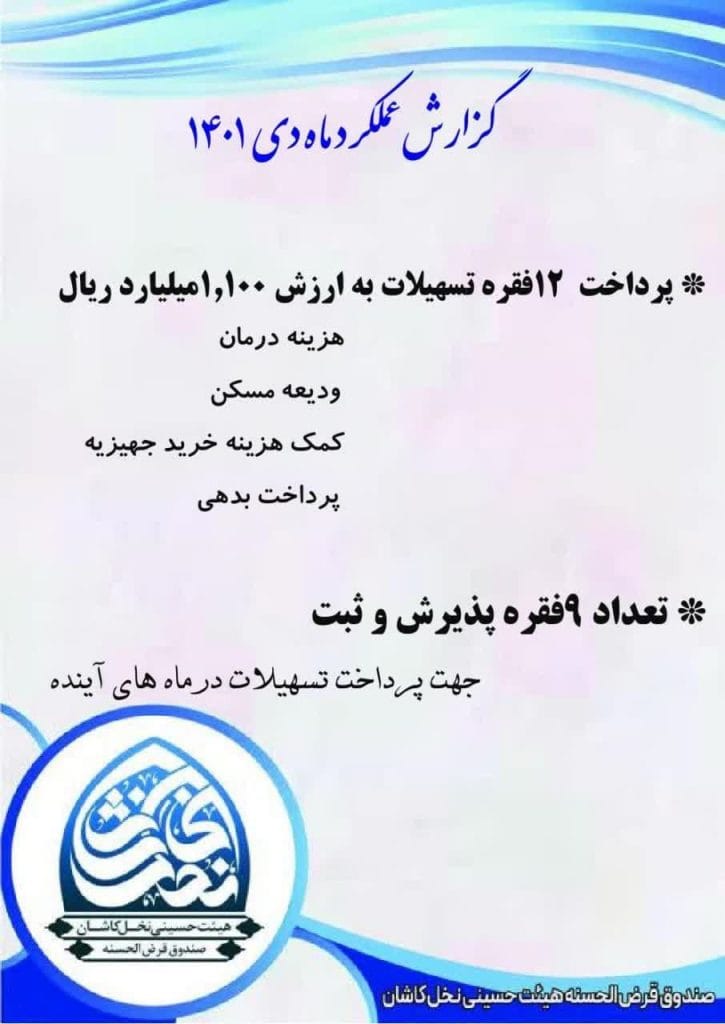 گزارش عملکرد ماه دی 1401 صندوق قرض الحسنه نخل