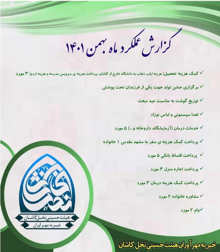 گزارش عملکرد خیریه مهرآوران نخل بهمن 1401